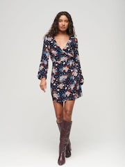 Superdry Blue Printed Mini Wrap Dress - Image 2 of 5