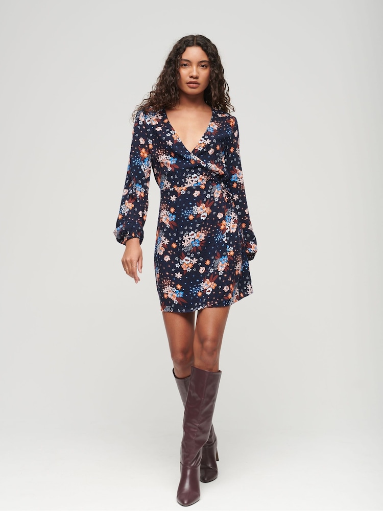 Superdry Blue Printed Mini Wrap Dress - Image 2 of 5 Superdry Blue Printed Mini Wrap Dress - Image 2 of 5