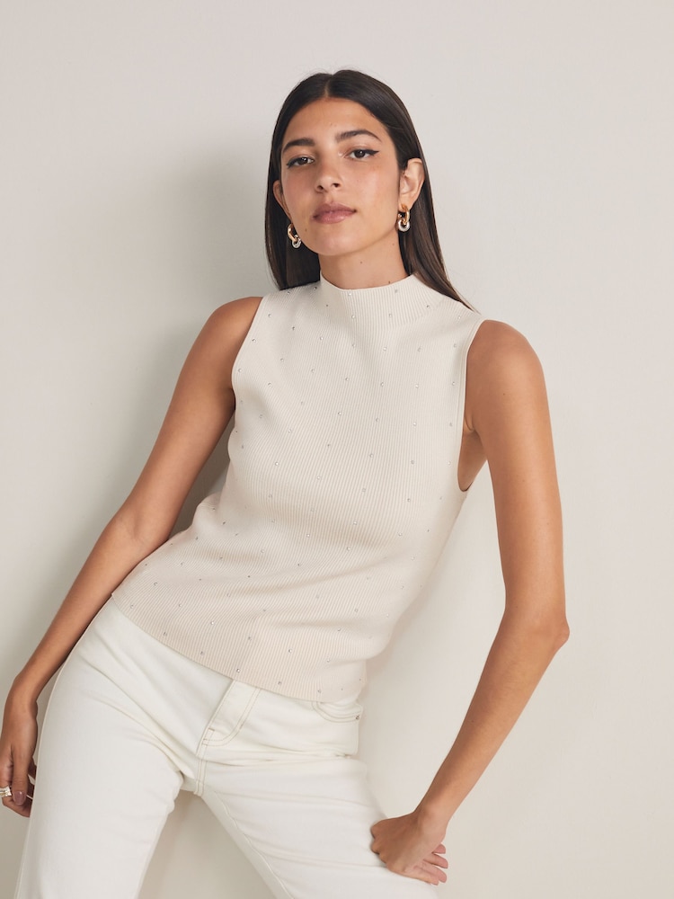 Ecru Cream Gem Knitted High Neck Tank Vest - Image 1 of 6 Ecru Cream Gem Knitted High Neck Tank Vest - Image 1 of 6