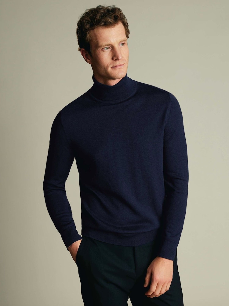Charles Tyrwhitt Blue Pure Merino Roll Neck Jumper - Image 1 of 7