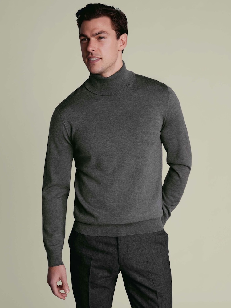 Charles Tyrwhitt Grey Pure Merino Roll Neck Jumper - Image 1 of 5