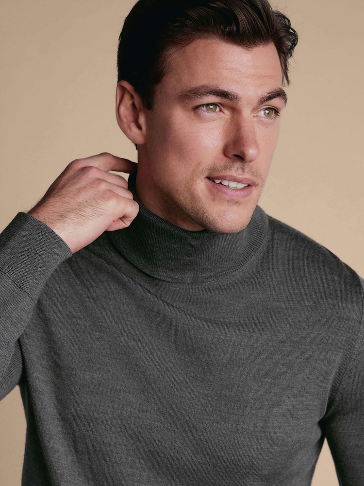 Charles Tyrwhitt Grey Pure Merino Roll Neck Jumper - Image 2 of 5