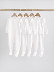 White 5 Pack 100% Cotton Baby Sleepsuits (0-18mths) - Image 1 of 7