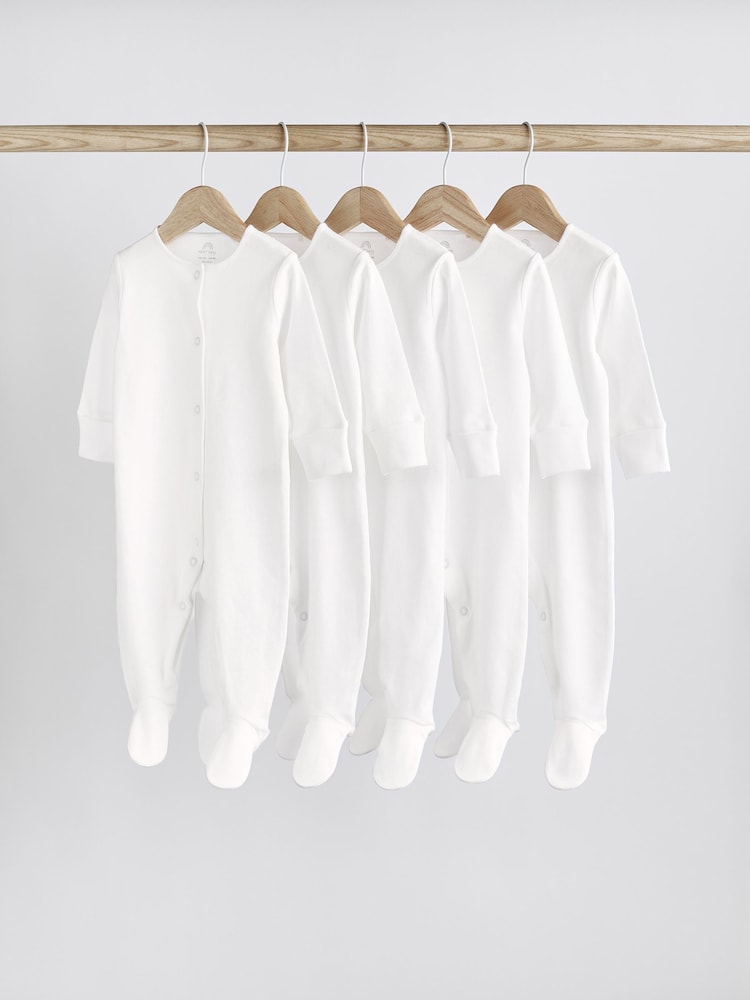 White 5 Pack 100% Cotton Baby Sleepsuits (0-18mths) - Image 1 of 7