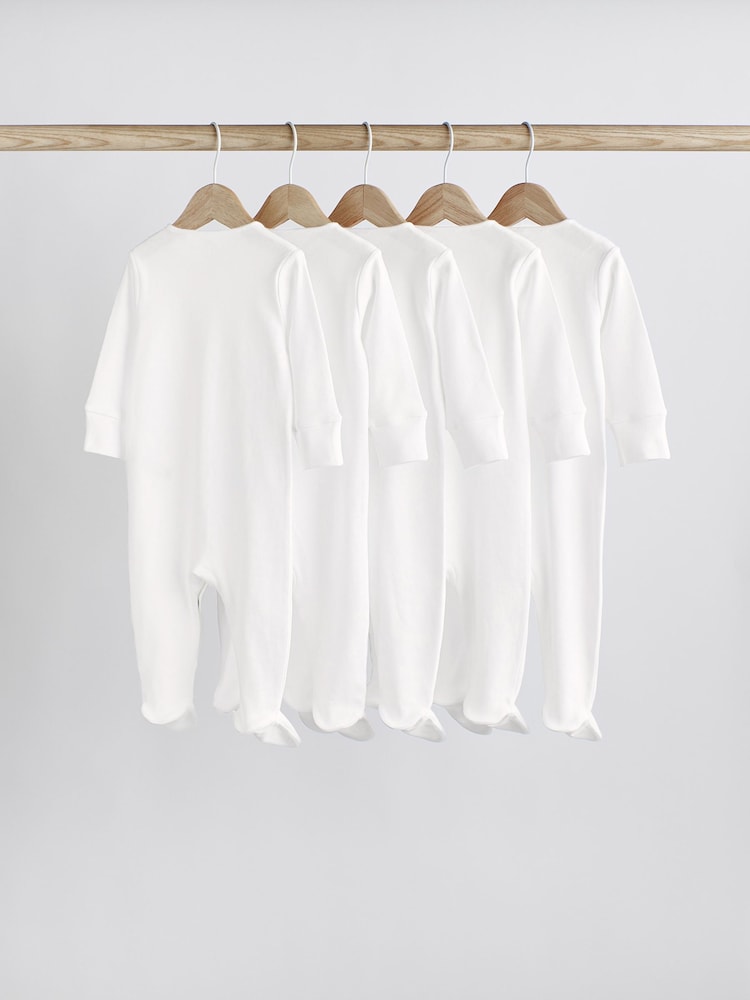 White 5 Pack 100% Cotton Baby Sleepsuits (0-18mths) - Image 2 of 7