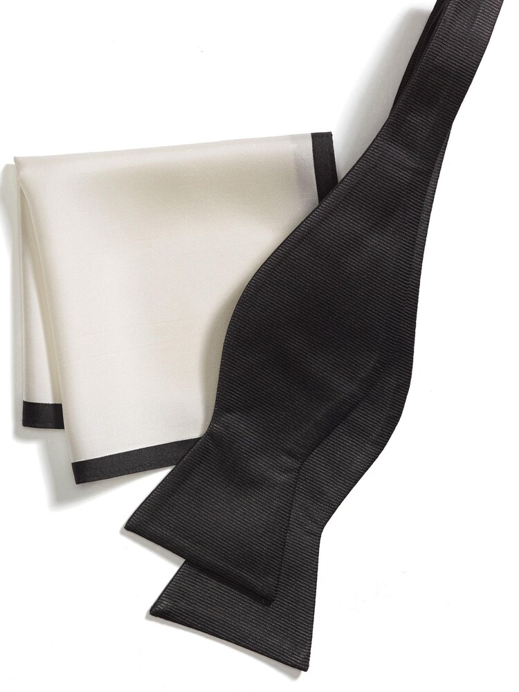 Black/White Signature Self-Tie Bow Tie And Pocket Square Set - Image 2 of 7 Black/White Signature Self-Tie Bow Tie And Pocket Square Set - Image 2 of 7