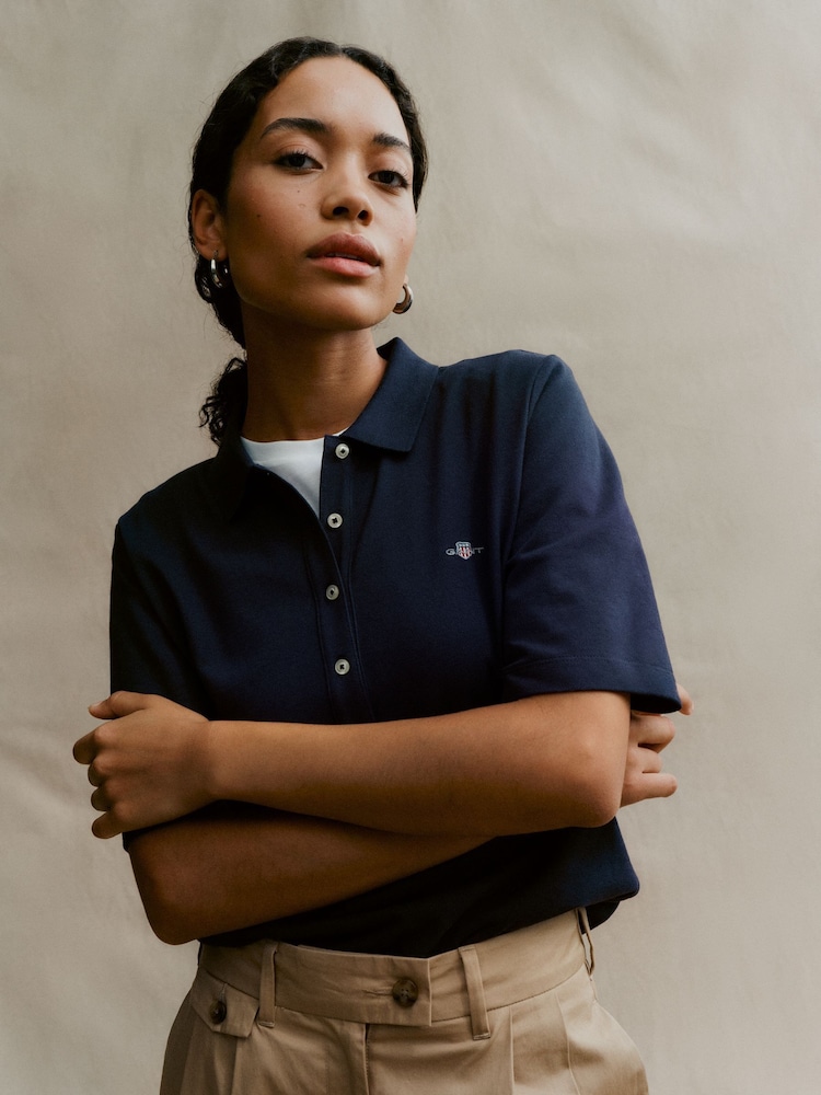 GANT Blue Slim Shield Pique 100% Cotton Polo Shirt - Image 1 of 6