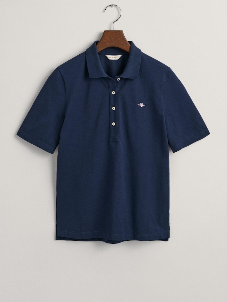 GANT Blue Slim Shield Pique 100% Cotton Polo Shirt - Image 6 of 6