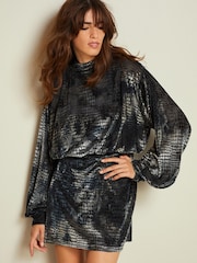Grey Snake Print Devore Open Back Long Sleeve Mini Dress - Image 1 of 4