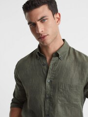 Reiss Olive Quick Slim Fit Linen Button-Down Shirt - Image 1 of 5