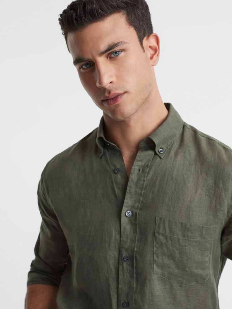 Reiss Olive Quick Slim Fit Linen Button-Down Shirt - Image 1 of 5