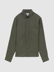 Reiss Olive Quick Slim Fit Linen Button-Down Shirt - Image 2 of 5