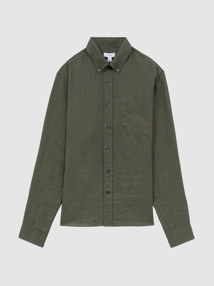 Reiss Olive Quick Slim Fit Linen Button-Down Shirt - Image 2 of 5