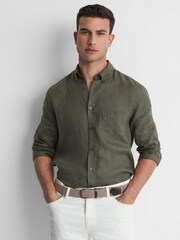 Reiss Olive Quick Slim Fit Linen Button-Down Shirt - Image 4 of 5