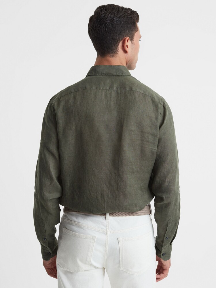 Reiss Olive Quick Slim Fit Linen Button-Down Shirt - Image 5 of 5