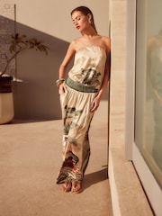 Beige Satin Bandeau Muted Tropical Print Top - Image 1 of 5