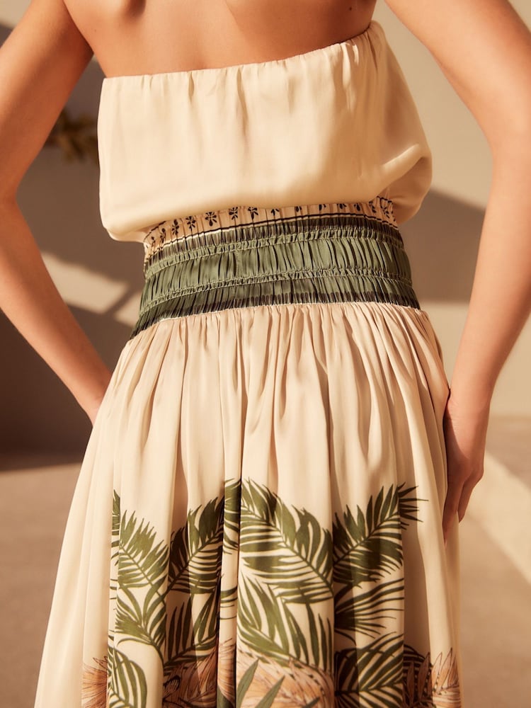 Beige Satin Bandeau Muted Tropical Print Top - Image 2 of 5