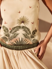 Beige Satin Bandeau Muted Tropical Print Top - Image 3 of 5