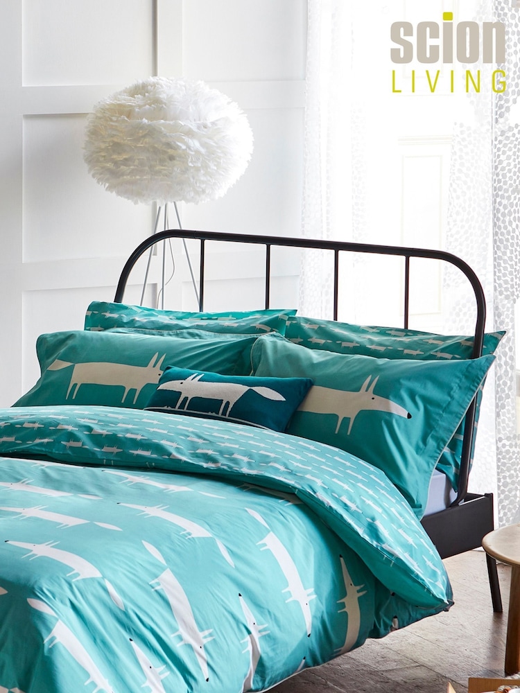 Scion Set of 2 Teal Blue/White Mr Fox 100% Cotton Oxford Pillowcases - Image 5 of 5