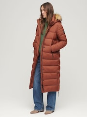 Superdry Brown Faux Fur Hood Longline Puffer Jacket - Image 1 of 6