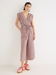 Oliver Bonas Pink Pink & Brown V-Neck Gathered Shoulder Cropped Jumpsuit - Image 1 of 8