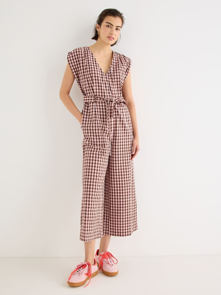 Oliver Bonas Pink Pink & Brown V-Neck Gathered Shoulder Cropped Jumpsuit - Image 1 of 8 Oliver Bonas Pink Pink & Brown V-Neck Gathered Shoulder Cropped Jumpsuit - Image 1 of 8