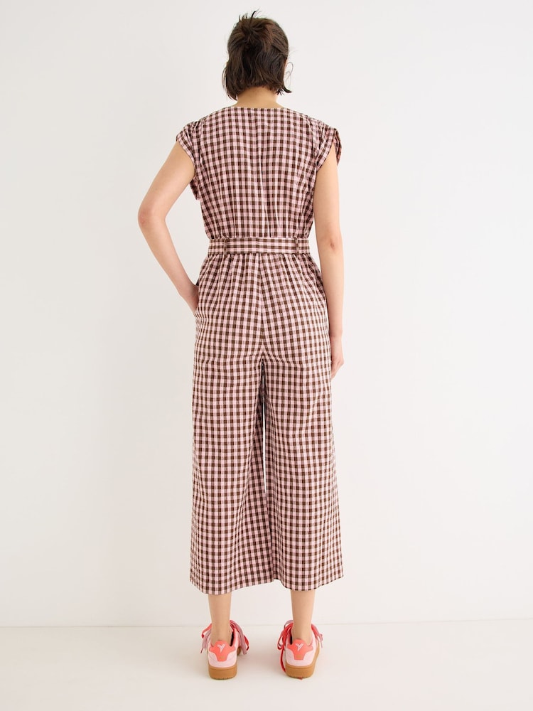 Oliver Bonas Pink Pink & Brown V-Neck Gathered Shoulder Cropped Jumpsuit - Image 2 of 8 Oliver Bonas Pink Pink & Brown V-Neck Gathered Shoulder Cropped Jumpsuit - Image 2 of 8