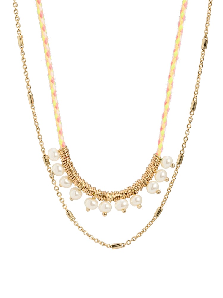 Oliver Bonas Yellow Amie Cord & Faux Pearl Double Row Necklace - Image 3 of 3 Oliver Bonas Yellow Amie Cord & Faux Pearl Double Row Necklace - Image 3 of 3