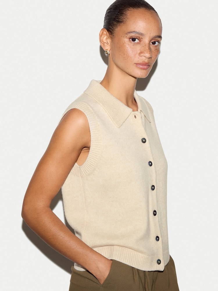 Jigsaw Cream Compact Wool Collar Waistcoat - Image 1 of 5