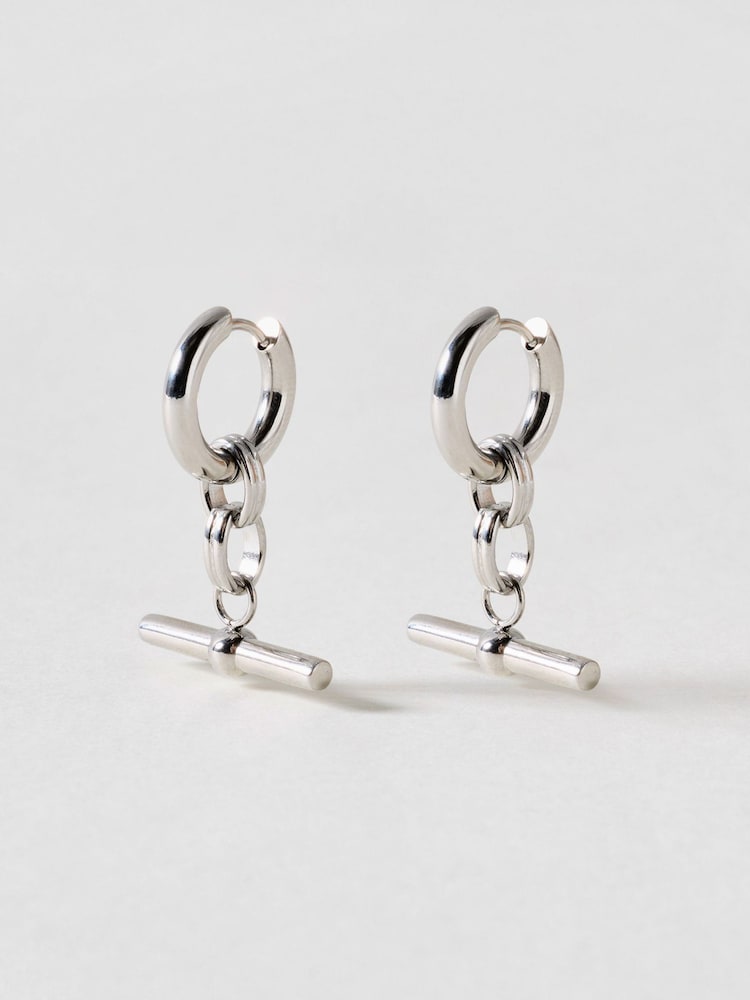 Oliver Bonas Silver Aretha Silver Tone Waterproof T-Bar Drop Hoop Earrings - Image 1 of 2