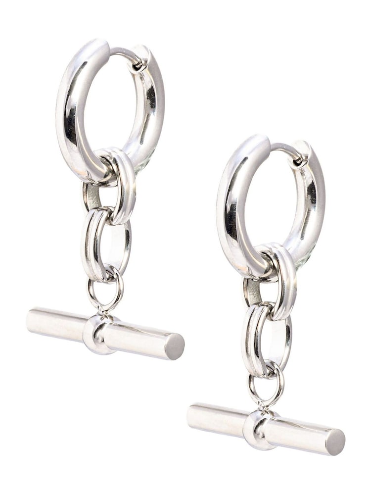Oliver Bonas Silver Aretha Silver Tone Waterproof T-Bar Drop Hoop Earrings - Image 2 of 2