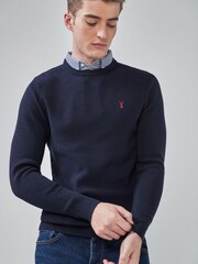 Navy Blue Gingham Crew Neck Mock Shirt Jumper - Image 1 of 4