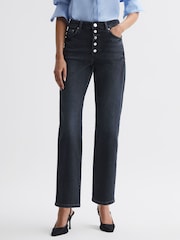Reiss Black Maisie Cropped Mid Rise Straight Leg Jeans - Image 1 of 6
