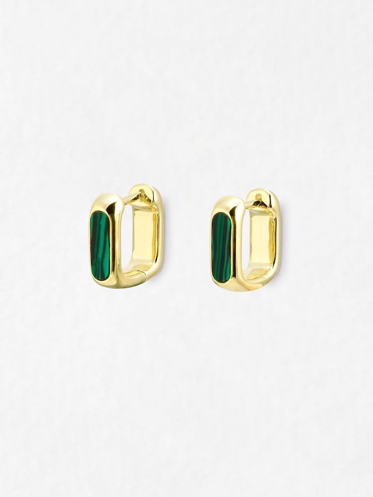 Oliver Bonas Green Ava Malachite Inlay Square Gold Plated Clicker Hoop Earrings - Image 1 of 4 Oliver Bonas Green Ava Malachite Inlay Square Gold Plated Clicker Hoop Earrings - Image 1 of 4