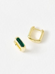 Oliver Bonas Green Ava Malachite Inlay Square Gold Plated Clicker Hoop Earrings - Image 4 of 4