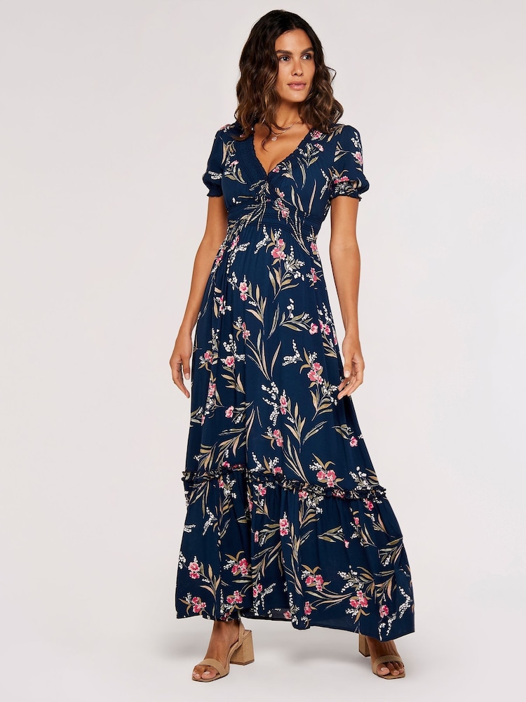 Apricot Blue Multi Watercolour Floral Smock Maxi Dress - Image 1 of 4