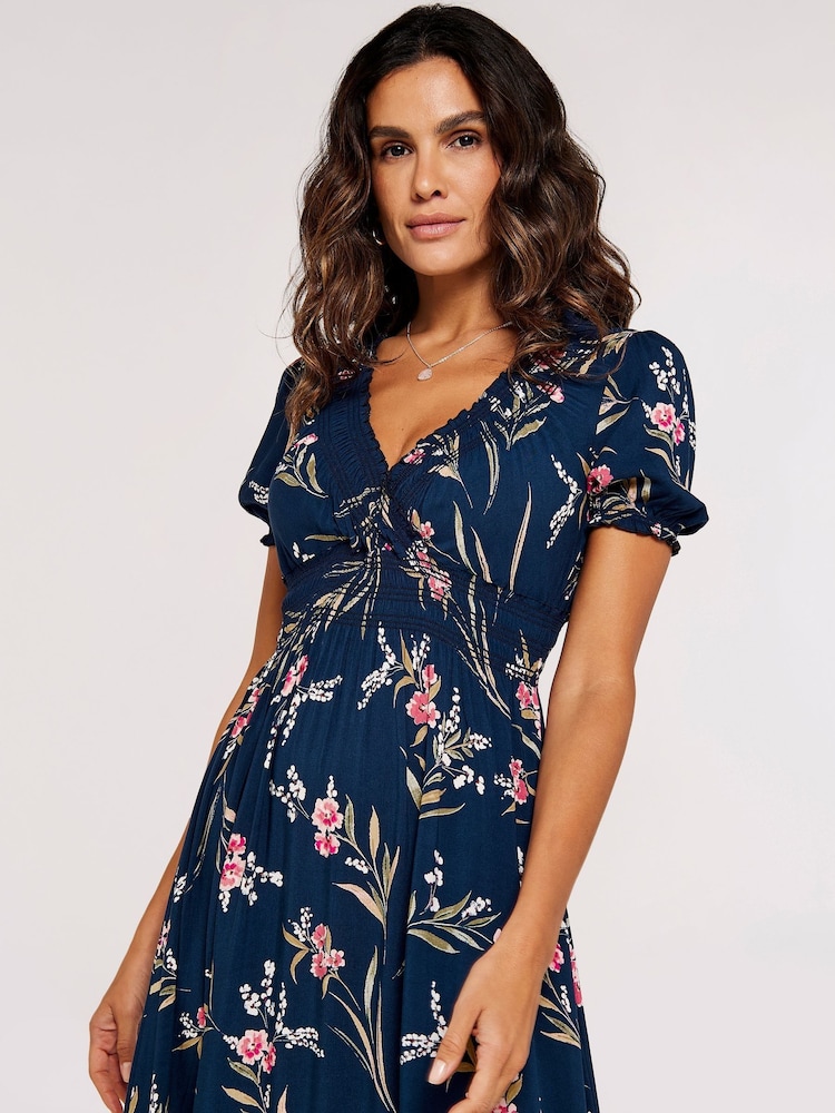 Apricot Blue Multi Watercolour Floral Smock Maxi Dress - Image 2 of 4