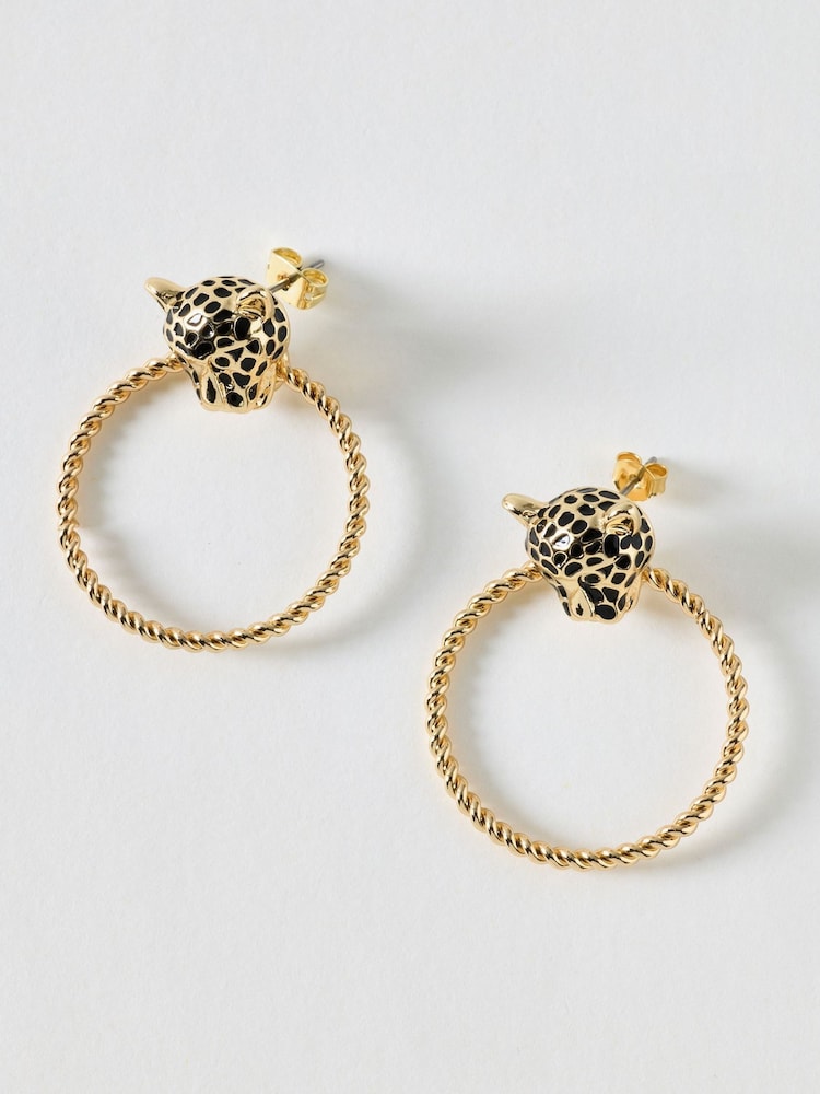 Oliver Bonas Black Laura Leopard Stud Hoop Earrings - Image 1 of 3 Oliver Bonas Black Laura Leopard Stud Hoop Earrings - Image 1 of 3