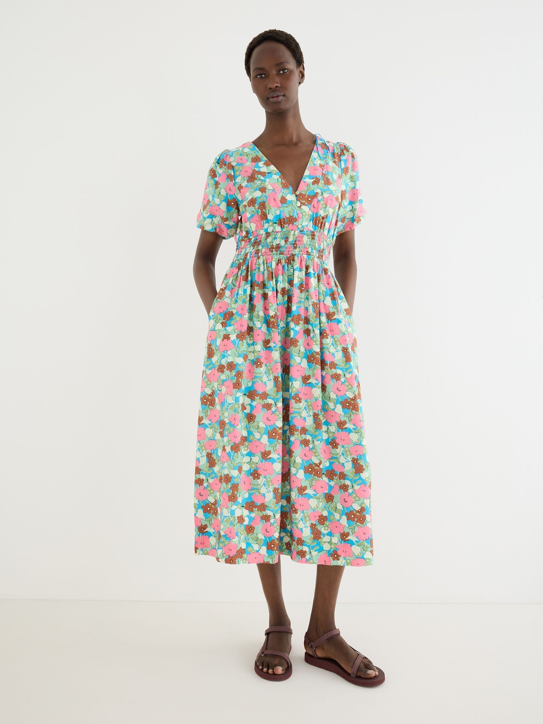 Buy Oliver Bonas Pink Floral V-Neck Puff Sleeve Midi Dress from
