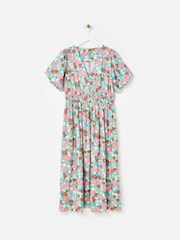 Oliver Bonas Pink Blue & Floral V-Neck Puff Sleeve Midi Dress - Image 1 of 5