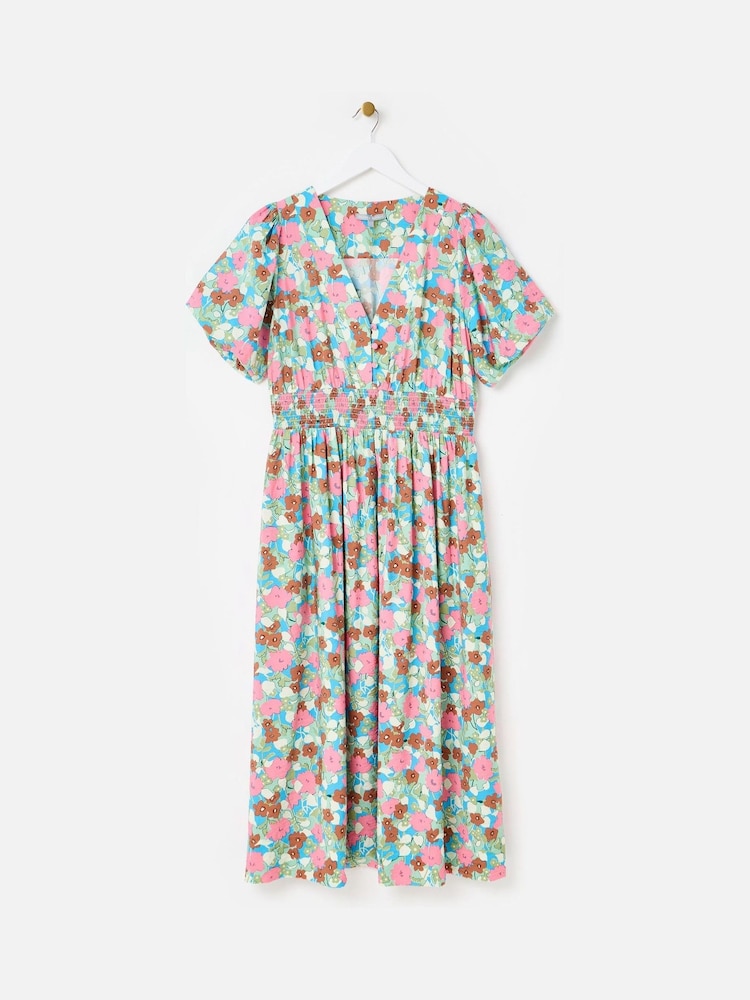 Oliver Bonas Pink Blue & Floral V-Neck Puff Sleeve Midi Dress - Image 1 of 5 Oliver Bonas Pink Blue & Floral V-Neck Puff Sleeve Midi Dress - Image 1 of 5