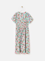 Oliver Bonas Pink Blue & Floral V-Neck Puff Sleeve Midi Dress - Image 2 of 5