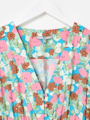 Oliver Bonas Pink Blue & Floral V-Neck Puff Sleeve Midi Dress - Image 3 of 5