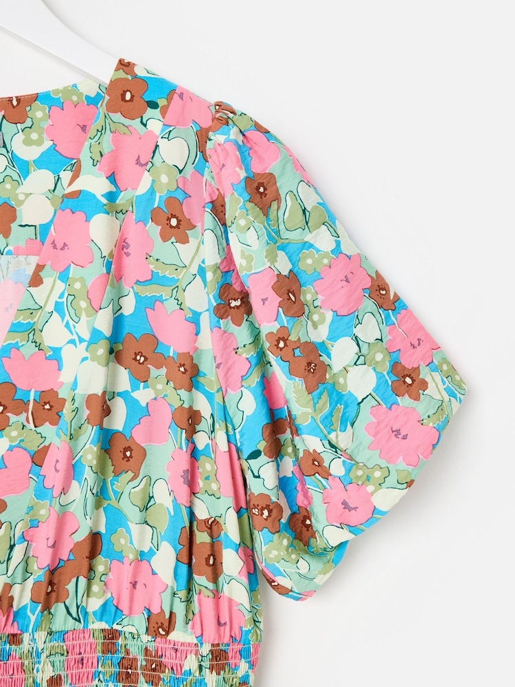 Oliver Bonas Pink Blue & Floral V-Neck Puff Sleeve Midi Dress - Image 5 of 5 Oliver Bonas Pink Blue & Floral V-Neck Puff Sleeve Midi Dress - Image 5 of 5