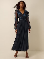 Monsoon Blue Charlotte Floral Embroidered Mesh Midi Dress - Image 1 of 5