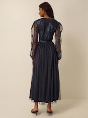 Monsoon Blue Charlotte Floral Embroidered Mesh Midi Dress - Image 3 of 5