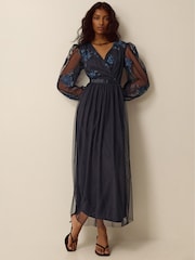 Monsoon Blue Charlotte Floral Embroidered Mesh Midi Dress - Image 4 of 5