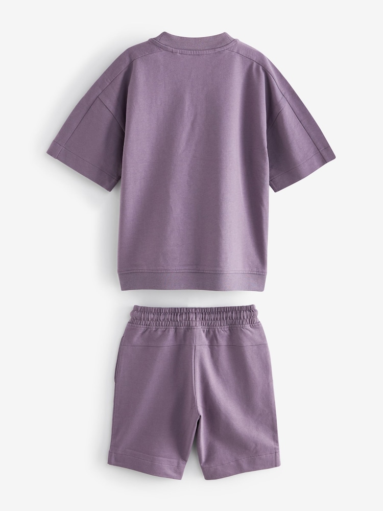 Purple 100% Cotton Midweight Shorts Sleeves Crew T-Shirt and Shorts Set (3-16yrs) - Image 2 of 3