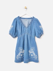 Oliver Bonas Blue Floral Embroidered V-Neck Denim Mini Dress - Image 1 of 5
