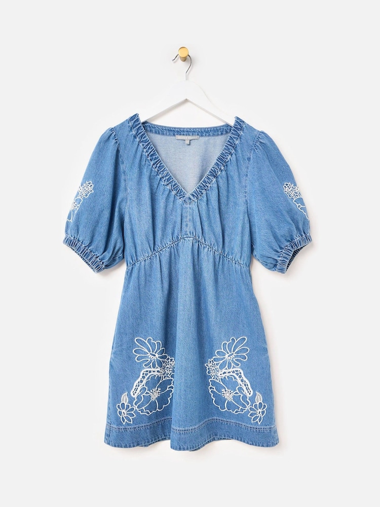 Oliver Bonas Blue Floral Embroidered V-Neck Denim Mini Dress - Image 1 of 5 Oliver Bonas Blue Floral Embroidered V-Neck Denim Mini Dress - Image 1 of 5